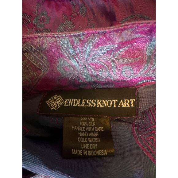 Women One Size Endless Knot Art 100% Silk Purple Asian Print Shirt Jacket Top - Picture 6 of 6